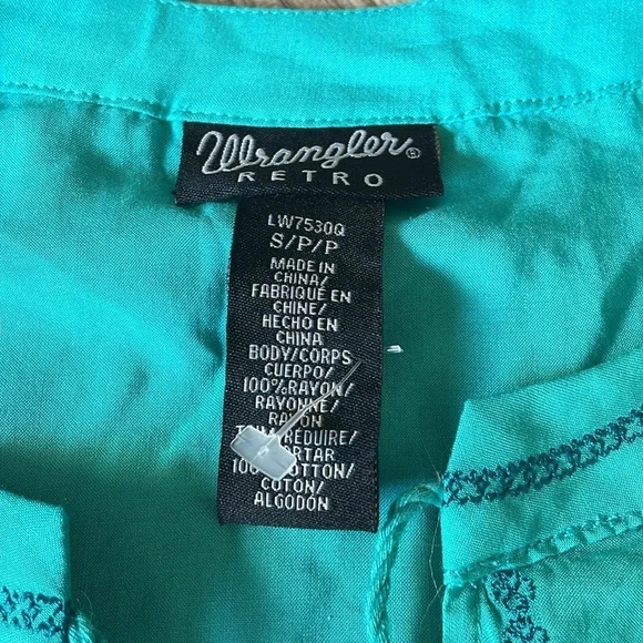 Wrangler Retro Embroidered long sleeved Peasant Top Teal Tassels Women’s Size S - Picture 5 of 13